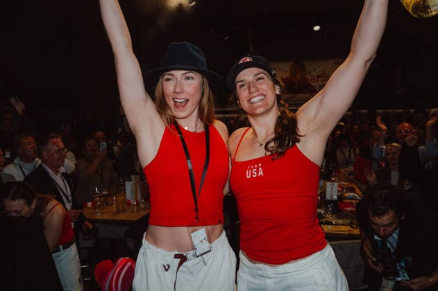 OLYMPICS - Winter Olympic Games, Olympische Spiele, Olympia, OS Milano Cortina 2026 CORTINA D AMPEZZO,ITALY,18.FEB.26 - OLYMPICS - Winter Olympic Games Milano Cortina 2026, Austria House, Raiffeisen-Abend. Image shows the rejoicing of Mikaela Shiffrin (USA) and Paula Moltzan (USA).  GEPAxpictures xAlexanderxSolc