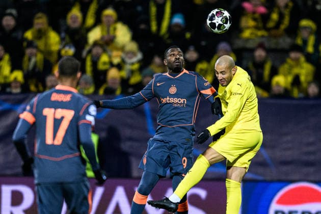 260218 Marcus Thuram of Inter and Haitam Aleesami of Bodo Glimt during the UEFA Champions League football match between Bodo Glimt and Inter on February 18, 2026 in Bodo. Photo: Marius Simensen BILDBYRAN COP 238 MM0055 bbeng football fotball fotboll soccer uefa champions league mesterligaen bodo glimt inter fc internazionale milano Copyright: MARIUSxSIMENSEN BB260218ZC140