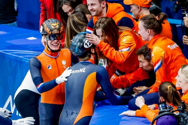 second Melle van t Wout of the Netherlands and third Jens van t Wout of the Netherlands and celebrates with TeamNL after Men s 500m Finals, Milano Cortina 2026 Winter Olympics: Day 12, Short Track Speed skating, Eisschnelllauf - Milano Cortina 2026 Winter Olympics: Day 12, Milano Speed Skating Stadium, February 18, 2026, Milan, Italy.