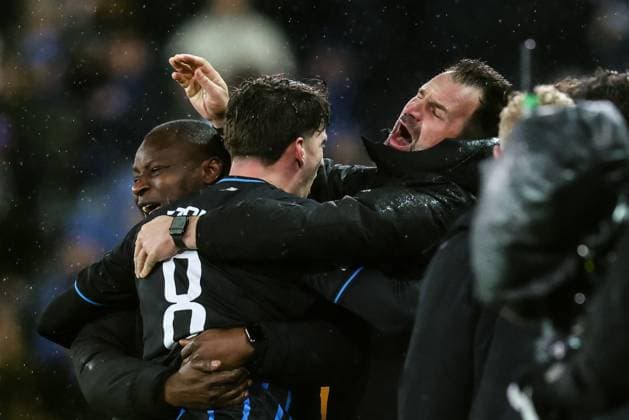 Club s Christos Tzolis celebrates after scoring during a soccer game between Belgian Club Brugge KV and Spanish Atletico de Madrid, in Brugge on Wednesday 18 February 2026, the first leg of the play-offs for the knockout phase of the UEFA Champions League tournament. BRUNOxFAHY  x164167719x