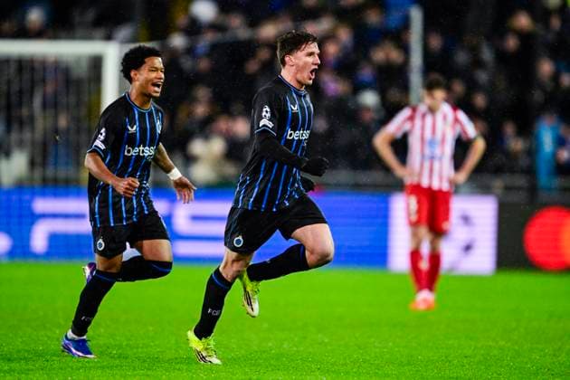 Club Brugge v Atletico de Madrid - UEFA Champions League BRUGGE, BELGIUM - FEBRUARY 18 : Tzolis Christos forward of Club Brugge celebrating scoring a goal during the UEFA Champions League 2025 26 knockout phase play-off match first leg between Club Brugge and Atletico de Madrid on February 18, 2026 in Brugge, Belgium, 18 02 2026 Brugge Belgium  Copyright: xJanxDexMeuleneirx