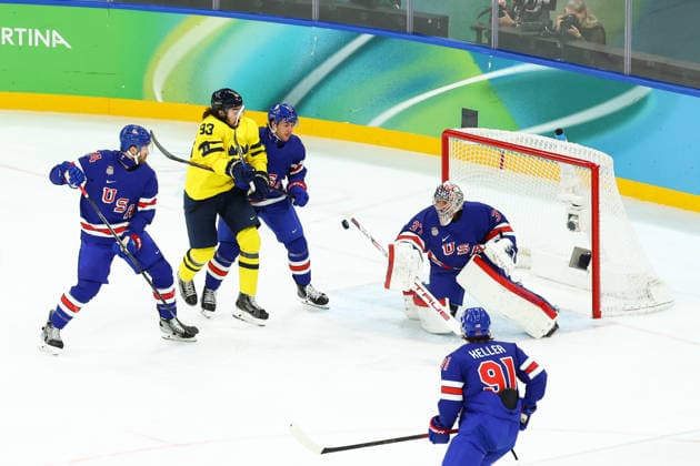 February 18, 2026, Milan, Lombardy, Italy: MIKA ZIBANEJAD 93 of Sweden shoots and sees his shot blocked by CONNOR HELLEBUYCK 37 of USA in the Quarterfinal game between Team United States (USA) and Team Sweden (SWE) at the Milano Cortina 2026 Olympic Games, Olympische Spiele, Olympia, OS Olympics 2026: Milano Cortina: Ice hockey, Eishockey Men: USA:SWE  - ZUMAc179 20260218_oly_c179_186 Copyright: xMickaelxChavetx