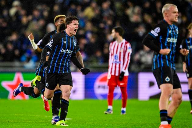 Club Brugge v Atletico de Madrid - UEFA Champions League BRUGGE, BELGIUM - FEBRUARY 18 : Tzolis Christos forward of Club Brugge celebrating scoring a goal during the UEFA Champions League 2025 26 knockout phase play-off match first leg between Club Brugge and Atletico de Madrid on February 18, 2026 in Brugge, Belgium, 18 02 2026 Brugge Belgium  Copyright: xJanxDexMeuleneirx