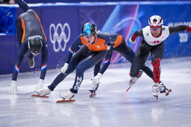 2026-02-18 - Milano Cortina 2026 Winter Olympics MILAN, ITALY - FEBRUARY 18: Jens van t Wout of Netherlands, Teun Boer of Netherlands, William Dandjinou of Canada, Melle van t Wout of Netherlands performing on the Short Track Speed skating, Eisschnelllauf during day 14 of the Milano Cortina 2026 Winter Olympics at the Milano Ice Skating Arena on February 18, 2026 in Milan, Italy Milan Milano Ice Skating Arena Italy Content not available for redistribution in The Netherlands directly or indirectly through any third parties. Copyright: xAndrexWeeningx