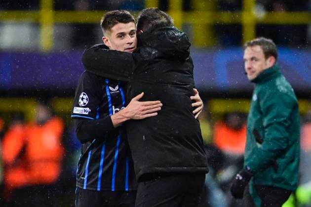 Club Brugge v Atletico de Madrid - UEFA Champions League BRUGGE, BELGIUM - FEBRUARY 18 : Tresoldi Nicolo forward of Club Brugge, Leko Ivan head coach of Club Brugge during the UEFA Champions League 2025 26 knockout phase play-off match first leg between Club Brugge and Atletico de Madrid on February 18, 2026 in Brugge, Belgium, 18 02 2026 Brugge Belgium  Copyright: xJanxDexMeuleneirx