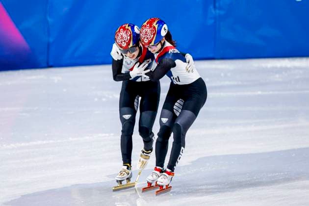 Minjeong Choi of Republic of Korea and Gilli Kim of Republic of Korea celebrates after Women s 3000m Relay Finals, Milano Cortina 2026 Winter Olympics: Day 12, Short Track Speed skating, Eisschnelllauf - Milano Cortina 2026 Winter Olympics: Day 12, Milano Speed Skating Stadium, February 18, 2026, Milan, Italy.