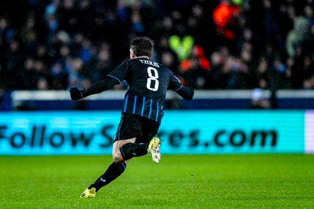 Club Brugge forwarder Christos Tzolis celebrating the goal 3-3, during the match Club Brugge KV vs Atletico de Madrid at the Jan Breydelstadion for the Champions League - KO play-offs - 1st leg season 2025-2026 in BRUGGE, Belgium on 18 february 2026. (Photo by Stefan Koops EYE4IMAGES DeFodi Images) -