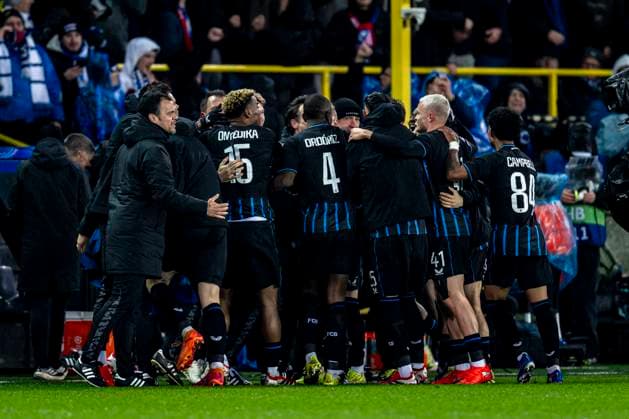 Players of Club Brugge celebrating the goal of Club Brugge forwarder Christos Tzolis 3-3, during the match Club Brugge KV vs Atletico de Madrid at the Jan Breydelstadion for the Champions League - KO play-offs - 1st leg season 2025-2026 in BRUGGE, Belgium on 18 february 2026. (Photo by Stefan Koops EYE4IMAGES DeFodi Images) -
