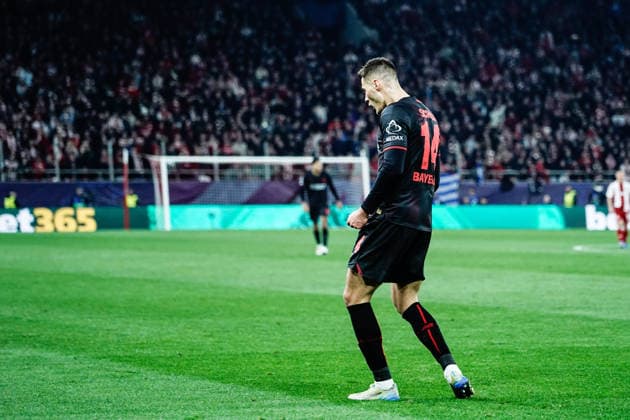 Olympiacos v Bayer Leverkusen - UEFA Champions League PIRAEUS, GREECE - FEBRUARY 18: Bayer Leverkusen player Patrik Schick celebrates his team’s goal during the UEFA Champions League match between Olympiacos Piraeus and Bayer Leverkusen for the 2025-26 season at Karaiskaki Stadium in Piraeus, Greece, on February 18, 2026. Andreas Papakonstantinou Anadolu Piraeus Greece. Editorial use only. Please get in touch for any other usage.  Copyright: x2026xAnadoluxAndreasxPapakonstantinoux