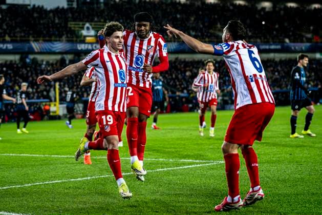 Atletico de Madrid forwarder Julian Alvarez, Atletico de Madrid forwarder Ademola Lookman, Atletico de Madrid midfielder Koke, during the match Club Brugge KV vs Atletico de Madrid at the Jan Breydelstadion for the Champions League - KO play-offs - 1st leg season 2025-2026 in BRUGGE, Belgium on 18 february 2026. (Photo by Stefan Koops EYE4IMAGES DeFodi Images) -