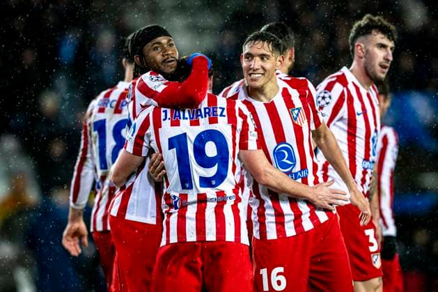 Atletico de Madrid forwarder Ademola Lookman, Atletico de Madrid forwarder Julian Alvarez, Atletico de Madrid defender Nahuel Molina, during the match Club Brugge KV vs Atletico de Madrid at the Jan Breydelstadion for the Champions League - KO play-offs - 1st leg season 2025-2026 in BRUGGE, Belgium on 18 february 2026. (Photo by Stefan Koops EYE4IMAGES DeFodi Images) -