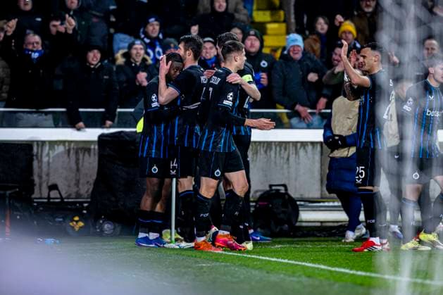 Players of Club Brugge celebrating the goal, during the match Club Brugge KV vs Atletico de Madrid at the Jan Breydelstadion for the Champions League - KO play-offs - 1st leg season 2025-2026 in BRUGGE, Belgium on 18 february 2026. (Photo by Stefan Koops EYE4IMAGES DeFodi Images) -
