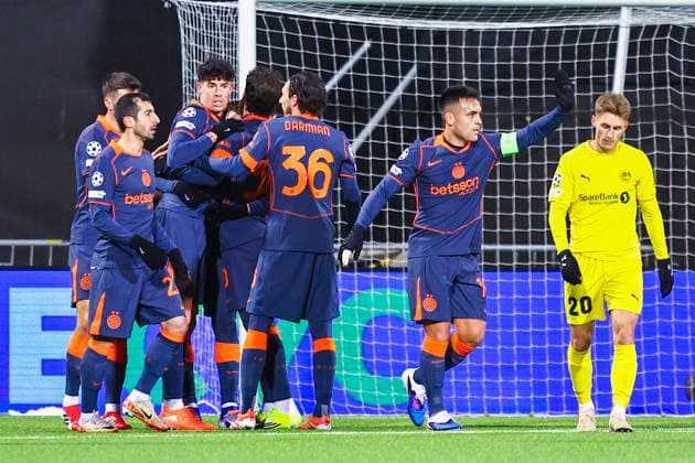 Football, Champions League 2025 2026 Bodo Glimt Inter 3 1 Bodo 20260218 Inter celebrates after equalizing 1 1 in the Champions League football match between Bodo Glimt and Inter at Aspmyra Stadium Photo Mats Torbergsen NTB Bodo Norway EDITORIAL USE ONLY RESTRICTED USE FOR BETTING COMPANIES  Copyright: xMatsxTorbergsenx xNTBx