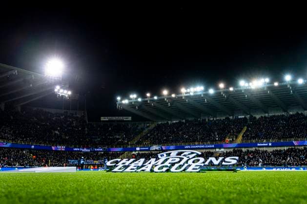 Champions League logo on the pitch, during the match Club Brugge KV vs Atletico de Madrid at the Jan Breydelstadion for the Champions League - KO play-offs - 1st leg season 2025-2026 in BRUGGE, Belgium on 18 february 2026. (Photo by Stefan Koops EYE4IMAGES DeFodi Images) -