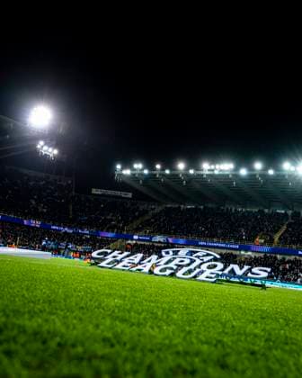 Champions League logo on the pitch, during the match Club Brugge KV vs Atletico de Madrid at the Jan Breydelstadion for the Champions League - KO play-offs - 1st leg season 2025-2026 in BRUGGE, Belgium on 18 february 2026. (Photo by Stefan Koops EYE4IMAGES DeFodi Images) -