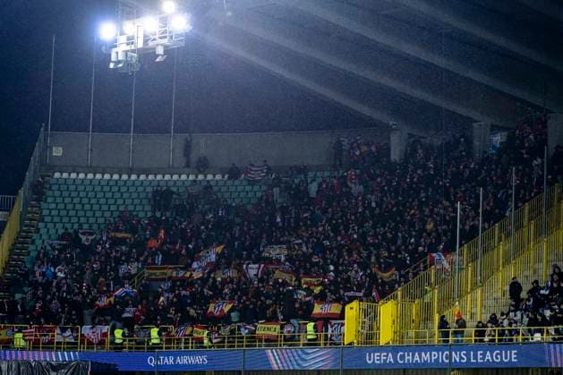 Supporters of Atletico de Madrid, during the match Club Brugge KV vs Atletico de Madrid at the Jan Breydelstadion for the Champions League - KO play-offs - 1st leg season 2025-2026 in BRUGGE, Belgium on 18 february 2026. (Photo by Stefan Koops EYE4IMAGES DeFodi Images) -