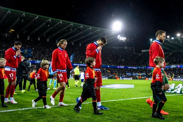 Atletico de Madrid defender David Hancko, Atletico de Madrid midfielder Marcos Llorente, during the match Club Brugge KV vs Atletico de Madrid at the Jan Breydelstadion for the Champions League - KO play-offs - 1st leg season 2025-2026 in BRUGGE, Belgium on 18 february 2026. (Photo by Stefan Koops EYE4IMAGES DeFodi Images) -