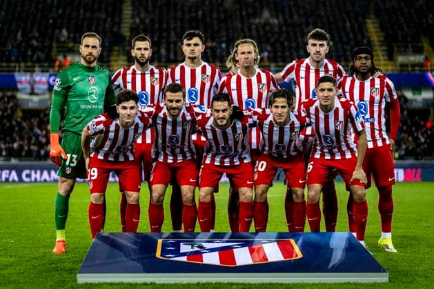 Atletico de Madrid goalkeeper Jan Oblak, Atletico de Madrid defender Matteo Ruggeri, Atletico de Madrid defender David Hancko, Atletico de Madrid defender Marc Pubill, Atletico de Madrid defender Nahuel Molina, Atletico de Madrid forwarder Ademola Lookman, Atletico de Madrid midfielder Marcos Llorente, Atletico de Madrid midfielder Koke, Atletico de Madrid forwarder Giuliano Simeone, Atletico de Madrid forwarder Antoine Griezmann, Atletico de Madrid forwarder Julian Alvarez, during the match Club Brugge KV vs Atletico de Madrid at the Jan Breydelstadion for the Champions League - KO play-offs - 1st leg season 2025-2026 in BRUGGE, Belgium on 18 february 2026. (Photo by Stefan Koops EYE4IMAGES DeFodi Images) -
