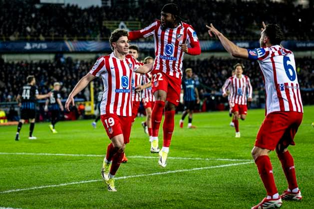 Atletico de Madrid forwarder Julian Alvarez, Atletico de Madrid forwarder Ademola Lookman, Atletico de Madrid midfielder Koke, during the match Club Brugge KV vs Atletico de Madrid at the Jan Breydelstadion for the Champions League - KO play-offs - 1st leg season 2025-2026 in BRUGGE, Belgium on 18 february 2026. (Photo by Stefan Koops EYE4IMAGES DeFodi Images) -
