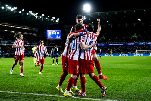 Atletico de Madrid forwarder Julian Alvarez, Atletico de Madrid forwarder Ademola Lookman, Atletico de Madrid midfielder Koke, during the match Club Brugge KV vs Atletico de Madrid at the Jan Breydelstadion for the Champions League - KO play-offs - 1st leg season 2025-2026 in BRUGGE, Belgium on 18 february 2026. (Photo by Stefan Koops EYE4IMAGES DeFodi Images) -