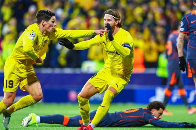 Football, Champions League 2025 2026 Bodo Glimt Inter 3 1 Bodo 20260218 Bodo Glimts Sondre Brunstad Fet and Kasper Hogh celebrate after scoring the first goal of the match in the Champions League football match between Bodo Glimt and Inter at Aspmyra Stadium Photo Mats Torbergsen NTB Bodo Norway EDITORIAL USE ONLY RESTRICTED USE FOR BETTING COMPANIES  Copyright: xMatsxTorbergsenx xNTBx