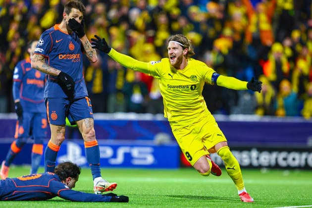 Football, Champions League 2025 2026 Bodo Glimt Inter 3 1 Bodo 20260218 Bodo Glimts Kasper Hogh celebrates after Bodo Glimt scored the first goal of the match in the Champions League football match between Bodo Glimt and Inter at Aspmyra Stadium Photo Mats Torbergsen NTB Bodo Norway EDITORIAL USE ONLY RESTRICTED USE FOR BETTING COMPANIES  Copyright: xMatsxTorbergsenx xNTBx