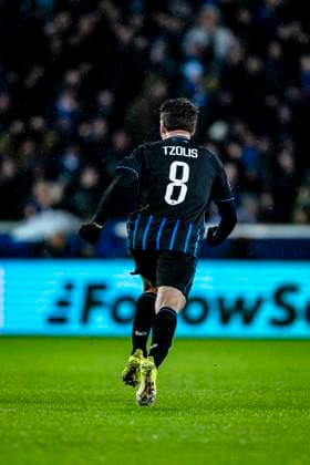 Club Brugge forwarder Christos Tzolis, during the match Club Brugge KV vs Atletico de Madrid at the Jan Breydelstadion for the Champions League - KO play-offs - 1st leg season 2025-2026 in BRUGGE, Belgium on 18 february 2026. (Photo by Stefan Koops EYE4IMAGES DeFodi Images) -