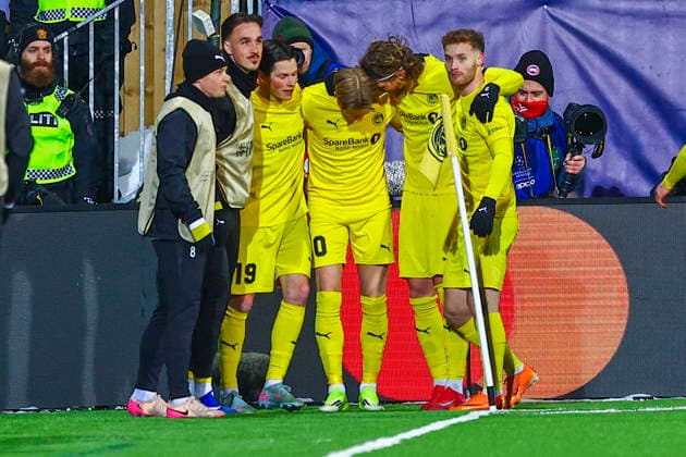 Football, Champions League 2025 2026 Bodo Glimt Inter Bodo 20260218 Jens Petter Hauge celebrates after scoring Bodo Glimt s second goal in the Champions League football match between Bodo Glimt and Inter at Aspmyra Stadium Photo Mats Torbergsen NTB Bodo Norway EDITORIAL USE ONLY RESTRICTED USE FOR BETTING COMPANIES  Copyright: xMatsxTorbergsenx xNTBx