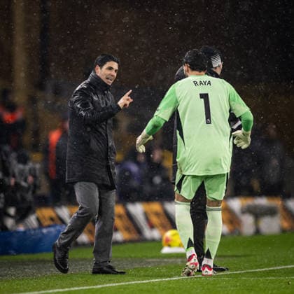 18th February 2026; Molineux Stadium, Wolverhampton, West Midlands, England; Premier League Football, Wolverhampton Wanderers versus Arsenal; Piero Hincapie of Arsenal celebrates with his team after scoring in the 56th minute to make the score 2-0  GodfreyxPitt Content restricted for UK based newspaper