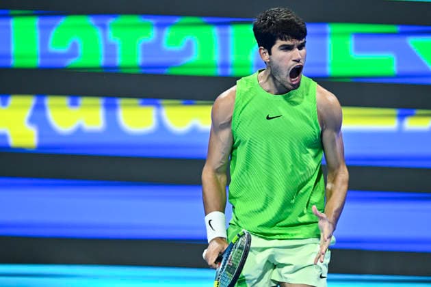 ATP, Tennis Herren QATAR EXXONMOBIL OPEN-ROUND OF 16 Carlos Alcaraz of Spain celebrates after winning against Valentin Royer of France in the Round of 16 at the ATP men s Qatar ExxonMobil Open 2026 tennis tournament at the Khalifa International Tennis Complex in Doha, Qatar, on February 18 2026. DOHA Qatar Copyright: xNOUSHADx