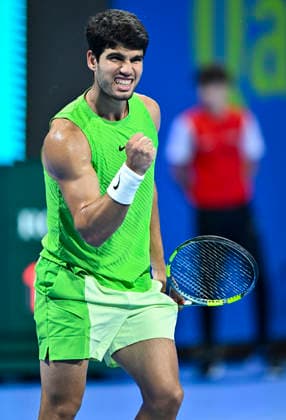 ATP, Tennis Herren QATAR EXXONMOBIL OPEN-ROUND OF 16 Carlos Alcaraz of Spain celebrates after winning against Valentin Royer of France in the Round of 16 at the ATP men s Qatar ExxonMobil Open 2026 tennis tournament at the Khalifa International Tennis Complex in Doha, Qatar, on February 18 2026. DOHA Qatar Copyright: xNOUSHADx