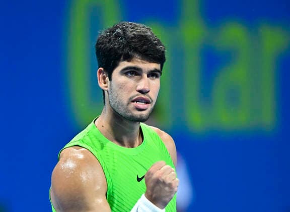 ATP, Tennis Herren QATAR EXXONMOBIL OPEN-ROUND OF 16 Carlos Alcaraz of Spain celebrates after winning against Valentin Royer of France in the Round of 16 at the ATP men s Qatar ExxonMobil Open 2026 tennis tournament at the Khalifa International Tennis Complex in Doha, Qatar, on February 18 2026. DOHA Qatar Copyright: xNOUSHADx