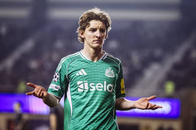 BAKU, AZERBAIJAN - FEBRUARY 18: Anthony Gordon of Newcastle United celebrates after scoring a goal during Champions League knockout phase play-off first leg football match between Qarabag and Newcastle United at the Tofiq Bahramov Republican Stadium in Baku on February 18, 2026. (Photo by Firudin Salimov Sports Press Photo) Copyright: xFirudinxSalimov SportsxPressxPhox Sportspressphoto_SPR94395