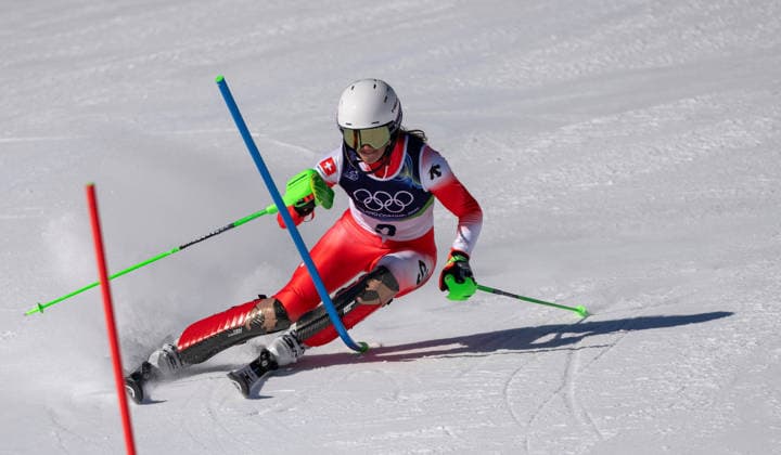 260218 -- CORTINA D AMPEZZO, Feb. 18, 2026 -- Camille Rast of Switzerland competes during the alpine skiing women s slalom run 1 at the Milan-Cortina 2026 Olympic Winter games, Winterspiele,Spiele, Summer games in Cortina, Italy, Feb. 18, 2026. MICO2026ITALY-CORTINA D AMPEZZO-OLYMPIC WINTER GAMES-ALPINE SKIING-WOMEN S SLALOM FeixMaohua  (MICO2026)ITALY-CORTINA D AMPEZZO-OLYMPIC WINTER GAMES-ALPINE SKIING-WOMEN S SLALOM IMAGO FeixMaohua  imago images 0847986631