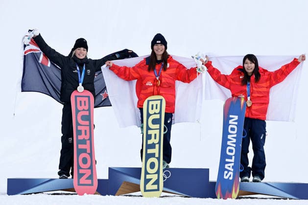 260218 -- LIVIGNO, Feb. 18, 2026 -- Gold medalist Fukada Mari L of Japan, silver medalist Zoi Sadowski Synnott L of New Zealand, and bronze medalist Murase Kokomo of Japan pose for photos during the awarding ceremony of the snowboard women s slopestyle at the Milan-Cortina 2026 Olympic Winter games, Winterspiele,Spiele, Summer games in Livigno, Italy, Feb. 18, 2026. MICO2026ITALY-LIVIGNO-OLYMPIC WINTER GAMES-SNOWBOARD-WOMEN S SNOWBOARD SLOPESTYLE-FINAL WangxPeng  (MICO2026)ITALY-LIVIGNO-OLYMPIC WINTER GAMES-SNOWBOARD-WOMEN S SNOWBOARD SLOPESTYLE-FINAL IMAGO WangxPeng  imago images 0847987027
