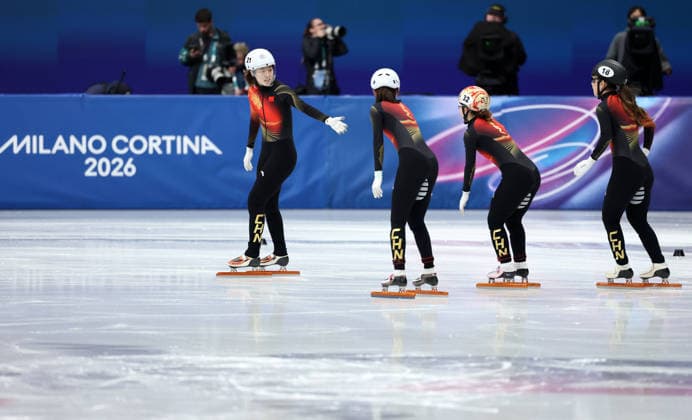 260218 -- MILAN, Feb. 18, 2026 -- Zhang Chutong, Wang Xinran, Yang Jingru and Gong Li L to R of China react after the short track Speed skating, Eisschnelllauf women s 3000m relay final B at the Milan-Cortina 2026 Olympic Winter games, Winterspiele,Spiele, Summer games in Milan, Italy, Feb. 18, 2026. MICO2026ITALY-MILAN-OLYMPIC WINTER GAMES-SHORT TRACK SPEED SKATING-WOMEN S 3000M RELAY-FINALS LixMing  (MICO2026)ITALY-MILAN-OLYMPIC WINTER GAMES-SHORT TRACK SPEED SKATING-WOMEN S 3000M RELAY-FINALS IMAGO LixMing  imago images 0847989980