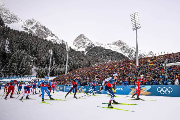 (260219) -- ANTERSELVA, Feb. 19, 2026 -- Athletes start during the biathlon women s 4x6km relay at the 2026 Milan-Cortina Winter Olympics in Anterselva, Italy, Feb. 18, 2026. ) (MICO2026)ITALY-ANTERSELVA-OLYMPIC Winter games, Winterspiele,Spiele, Summer games BIATHLON-WOMEN S 4x6KM RELAY JiangxHan 