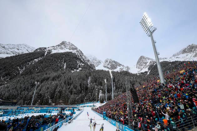 (260219) -- ANTERSELVA, Feb. 19, 2026 -- Julia Simon (back) of France crosses the finish line during the biathlon women s 4x6km relay at the 2026 Milan-Cortina Winter Olympics in Anterselva, Italy, Feb. 18, 2026. ) (MICO2026)ITALY-ANTERSELVA-OLYMPIC Winter games, Winterspiele,Spiele, Summer games BIATHLON-WOMEN S 4x6KM RELAY ZhangxTao 