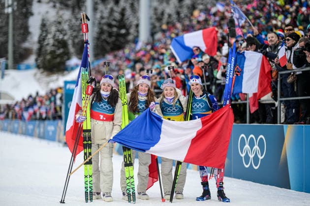 (260219) -- ANTERSELVA, Feb. 19, 2026 -- Team France celebrate after the biathlon women s 4x6km relay at the 2026 Milan-Cortina Winter Olympics in Anterselva, Italy, Feb. 18, 2026. ) (MICO2026)ITALY-ANTERSELVA-OLYMPIC Winter games, Winterspiele,Spiele, Summer games BIATHLON-WOMEN S 4x6KM RELAY JiangxHan 