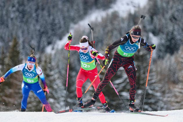 (260219) -- ANTERSELVA, Feb. 19, 2026 -- Franziska Preuss (R) of Germany, Kamila Zuk (C) of Poland and Paulina Batovska Fialkova of Slovakia compete during the biathlon women s 4x6km relay at the 2026 Milan-Cortina Winter Olympics in Anterselva, Italy, Feb. 18, 2026. ) (MICO2026)ITALY-ANTERSELVA-OLYMPIC Winter games, Winterspiele,Spiele, Summer games BIATHLON-WOMEN S 4x6KM RELAY ZhangxTao 