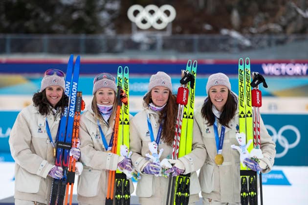 (260219) -- ANTERSELVA, Feb. 19, 2026 -- Gold medalists Julia Simon, Oceane Michelon, Lou Jeanmonnot and Camille Bened (from L to R) of France pose for photos during the awarding ceremony for the biathlon women s 4x6km relay at the 2026 Milan-Cortina Winter Olympics in Anterselva, Italy, Feb. 18, 2026. ) (MICO2026)ITALY-ANTERSELVA-OLYMPIC Winter games, Winterspiele,Spiele, Summer games BIATHLON-WOMEN S 4x6KM RELAY ZhangxTao 