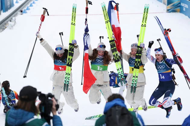 (260219) -- ANTERSELVA, Feb. 19, 2026 -- Team France celebrate after the biathlon women s 4x6km relay at the 2026 Milan-Cortina Winter Olympics in Anterselva, Italy, Feb. 18, 2026. ) (MICO2026)ITALY-ANTERSELVA-OLYMPIC Winter games, Winterspiele,Spiele, Summer games BIATHLON-WOMEN S 4x6KM RELAY ZhangxTao 