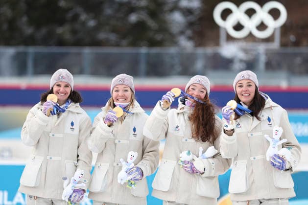 (260219) -- ANTERSELVA, Feb. 19, 2026 -- Gold medalists Julia Simon, Oceane Michelon, Lou Jeanmonnot and Camille Bened (from L to R) of France pose for photos with the medals during the awarding ceremony for the biathlon women s 4x6km relay at the 2026 Milan-Cortina Winter Olympics in Anterselva, Italy, Feb. 18, 2026. ) (MICO2026)ITALY-ANTERSELVA-OLYMPIC Winter games, Winterspiele,Spiele, Summer games BIATHLON-WOMEN S 4x6KM RELAY ZhangxTao 