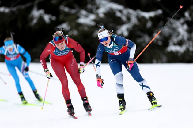 (260219) -- ANTERSELVA, Feb. 19, 2026 -- Inka Hamalainen (R) of Finland competes during the biathlon women s 4x6km relay at the 2026 Milan-Cortina Winter Olympics in Anterselva, Italy, Feb. 18, 2026. ) (MICO2026)ITALY-ANTERSELVA-OLYMPIC Winter games, Winterspiele,Spiele, Summer games BIATHLON-WOMEN S 4x6KM RELAY ZhangxTao 