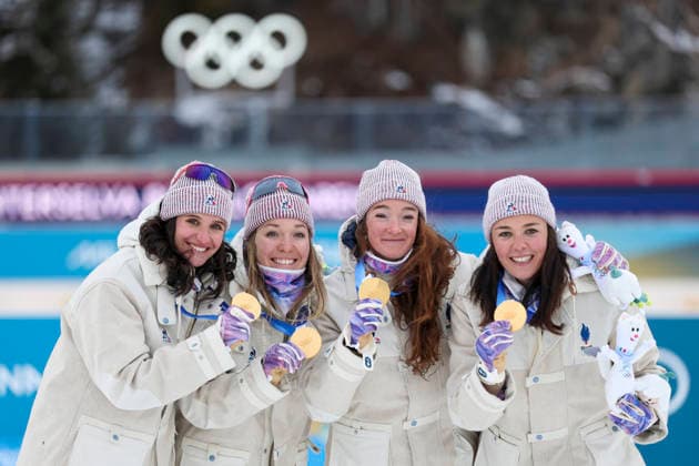 (260219) -- ANTERSELVA, Feb. 19, 2026 -- Gold medalists Julia Simon, Oceane Michelon, Lou Jeanmonnot and Camille Bened (from L to R) of France pose for photos during the awarding ceremony for the biathlon women s 4x6km relay at the 2026 Milan-Cortina Winter Olympics in Anterselva, Italy, Feb. 18, 2026. ) (MICO2026)ITALY-ANTERSELVA-OLYMPIC Winter games, Winterspiele,Spiele, Summer games BIATHLON-WOMEN S 4x6KM RELAY ZhangxTao 
