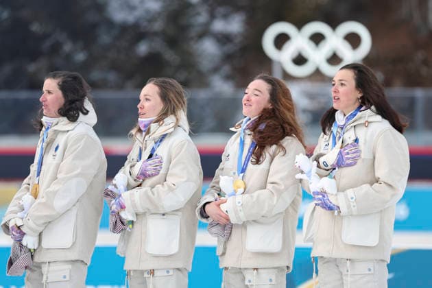(260219) -- ANTERSELVA, Feb. 19, 2026 -- Gold medalists Julia Simon, Oceane Michelon, Lou Jeanmonnot and Camille Bened (from L to R) of France sing the national anthem during the awarding ceremony for the biathlon women s 4x6km relay at the 2026 Milan-Cortina Winter Olympics in Anterselva, Italy, Feb. 18, 2026. ) (MICO2026)ITALY-ANTERSELVA-OLYMPIC Winter games, Winterspiele,Spiele, Summer games BIATHLON-WOMEN S 4x6KM RELAY ZhangxTao 