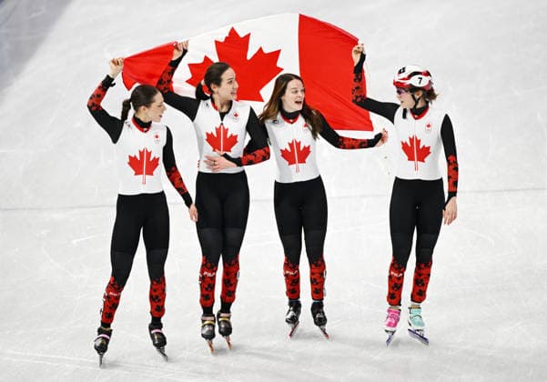 (260219) -- MILAN, Feb. 19, 2026 -- Players of Canada celebrate after the short track Speed skating, Eisschnelllauf women s 3000m relay final A at the Milan-Cortina 2026 Olympic Winter games, Winterspiele,Spiele, Summer games in Milan, Italy, Feb. 18, 2026. ) (MICO2026)ITALY-MILAN-OLYMPIC WINTER GAMES-SHORT TRACK SPEED SKATING-WOMEN S 3000M RELAY-FINALS ChengxMin 