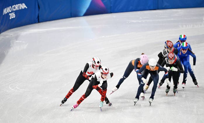 (260219) -- MILAN, Feb. 19, 2026 -- Athletes compete during the short track Speed skating, Eisschnelllauf women s 3000m relay final A at the Milan-Cortina 2026 Olympic Winter games, Winterspiele,Spiele, Summer games in Milan, Italy, Feb. 18, 2026. ) (MICO2026)ITALY-MILAN-OLYMPIC WINTER GAMES-SHORT TRACK SPEED SKATING-WOMEN S 3000M RELAY-FINALS ChengxMin 