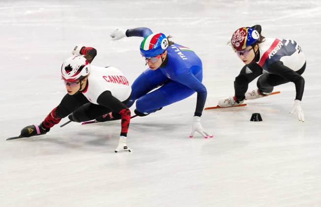 (260219) -- MILAN, Feb. 19, 2026 -- Florence Brunelle (L) of Canada, Chiara Betti (C) of Italy and Choi Minjeong of South Korea compete during the short track Speed skating, Eisschnelllauf women s 3000m relay final A at the Milan-Cortina 2026 Olympic Winter games, Winterspiele,Spiele, Summer games in Milan, Italy, Feb. 18, 2026. ) (MICO2026)ITALY-MILAN-OLYMPIC WINTER GAMES-SHORT TRACK SPEED SKATING-WOMEN S 3000M RELAY-FINALS LaixXiangdong 