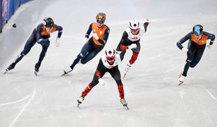 (260219) -- MILAN, Feb. 19, 2026 -- Steven Dubois (front) of Canada competes during the short track Speed skating, Eisschnelllauf men s 500m final A at the Milan-Cortina 2026 Olympic Winter games, Winterspiele,Spiele, Summer games in Milan, Italy, Feb. 18, 2026. ) (MICO2026)ITALY-MILAN-OLYMPIC WINTER GAMES-SHORT TRACK SPEED SKATING-MEN S 500M-FINALS ChengxMin 